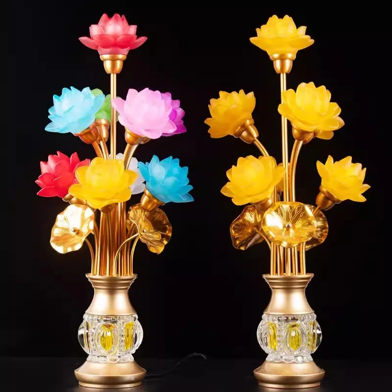 HT New Colorful Glazed Lotus Lamp Buddhist Hall Household Buddha  Bodhisattva Lotus Lamp Plug-in LED Everlight