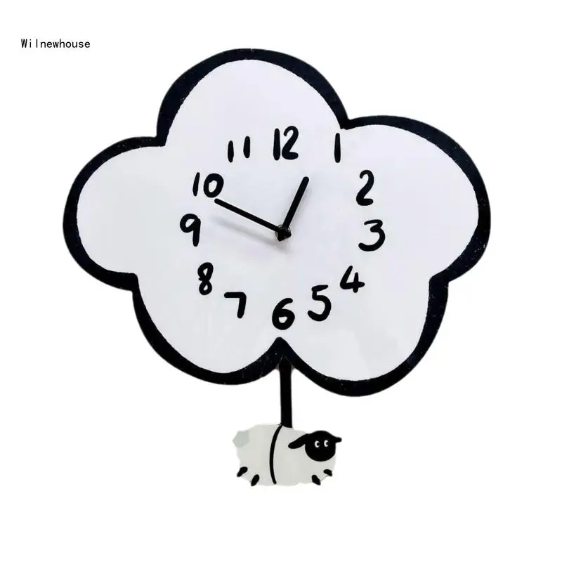 

Quiet Cartoon Cloud Sheep Wall Clock Battery Operated Wall Decorative Clock with Swing Pendulum Ornament Home Dropship