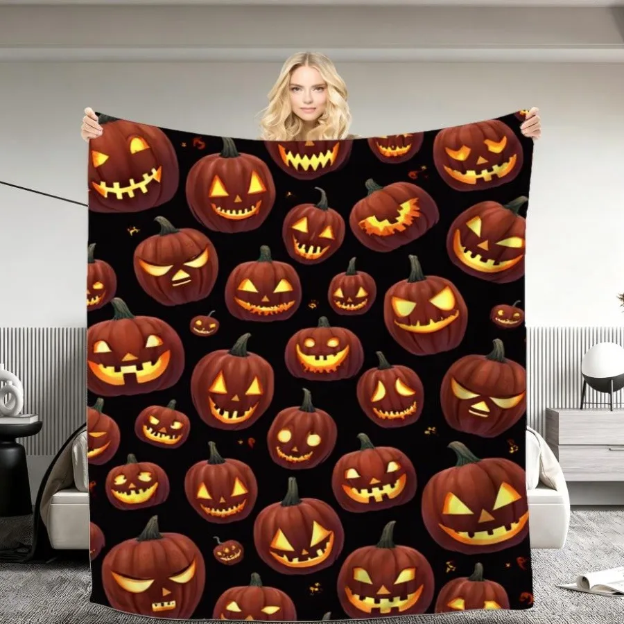 Fun Halloween Holiday Throw Blanket Spooky Pumpkin Ghost Spider Cat Print Soft Warm Blanket for Home Indoor Relaxation Daily Use