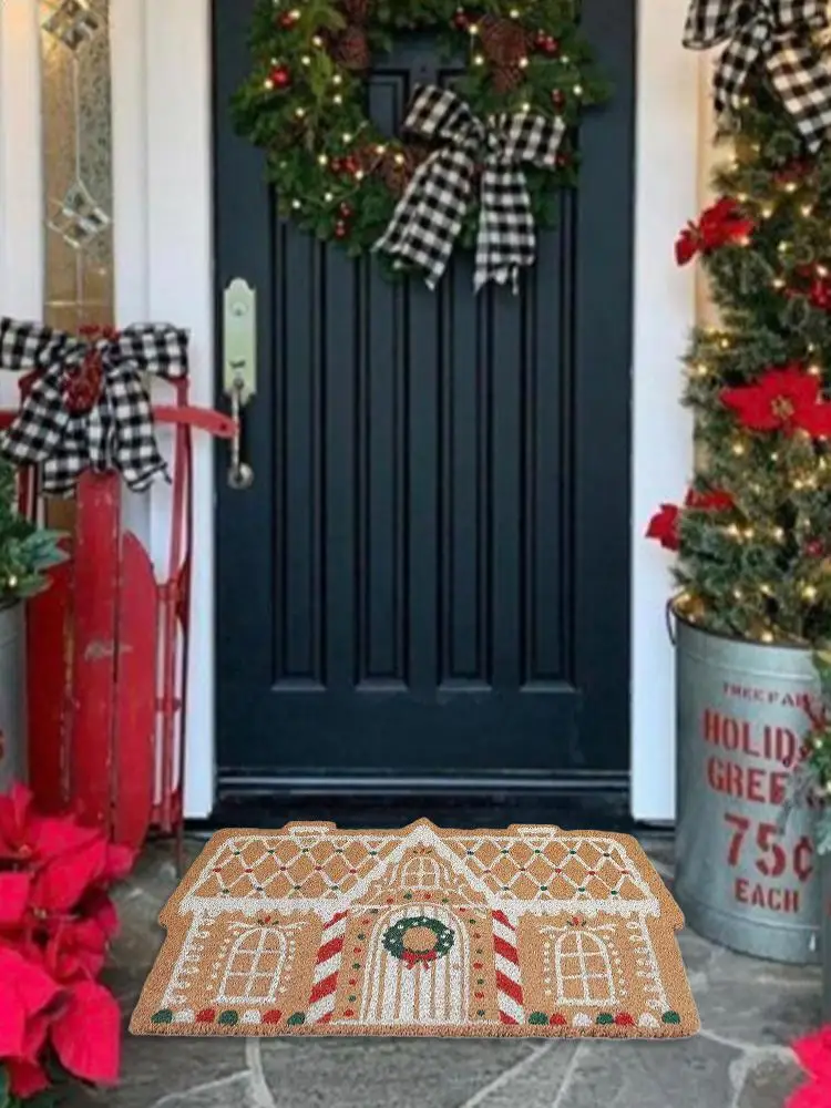 

Christmas Faux Cashmere Floor Mat Christmas Gingerbread House Welcome Door Mat Non-Slip Outdoor Rug Holiday Decorations