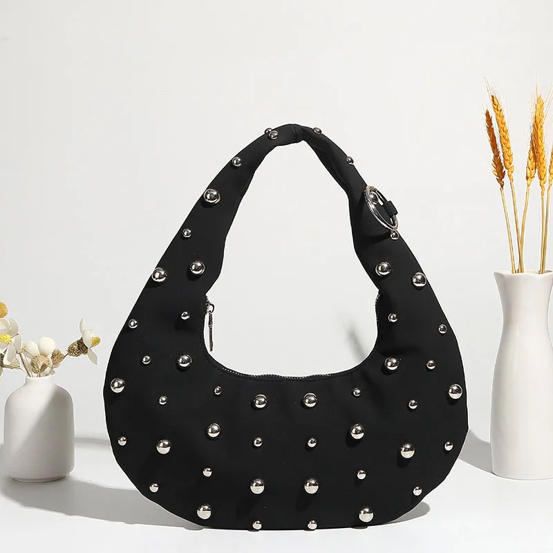 

Дизайнерские женские сумки в стиле панк, винтажные женские сумки на плечо с заклепками из искусственной замши в форме полумесяца, роскошная сумка из искусственной кожи под мышками, маленький кошелек