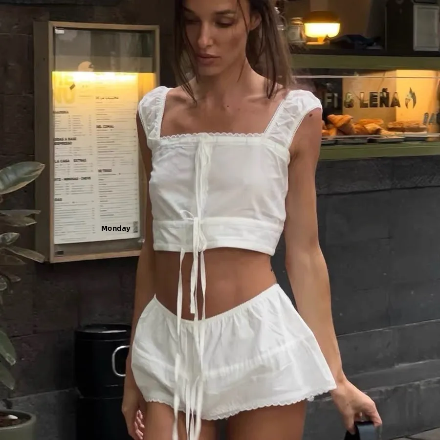 Conjunto de Dos Piezas de Top Corto con Volantes y Lazo de Mariposa y falda Elástica con Cuello Redondo para Mujer, Nueva...