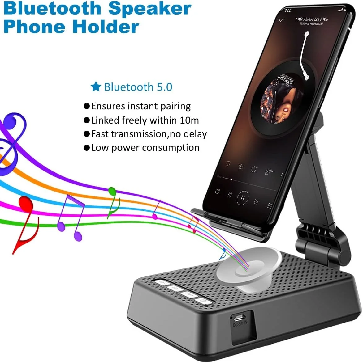 Phone Stand with Wireless Bluetooth Speaker, Anti-Slip HD Surround Sound, Adjustable Tablet Desk Holder, Portable Speaker