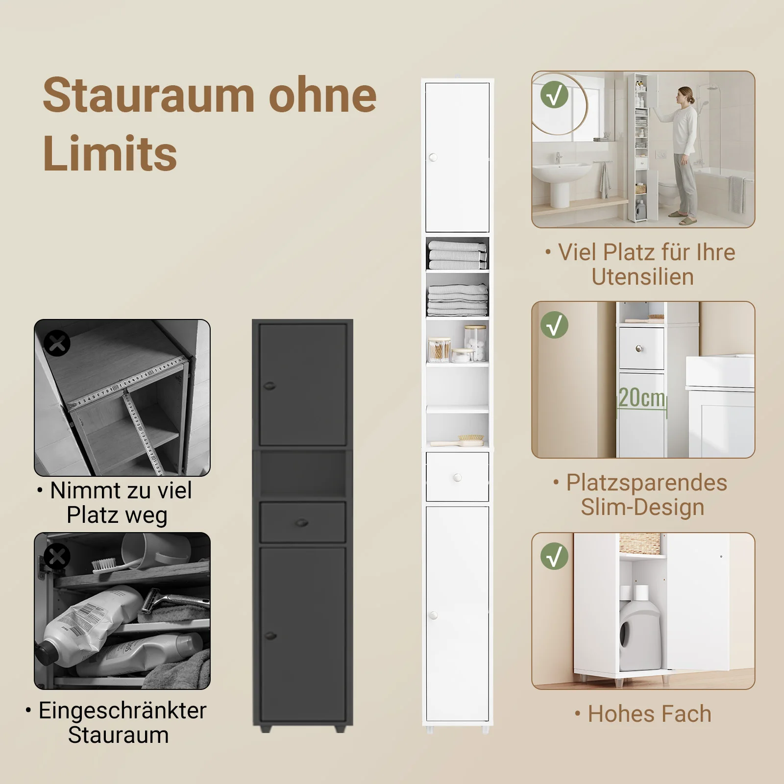SoBuy BZR34 Badezimmerschrank Hochschrank Schmal Badschrank für kleine Bäder mit verstellbaren Einlegeböden Badezimmer 20x20x180 – Detail 14