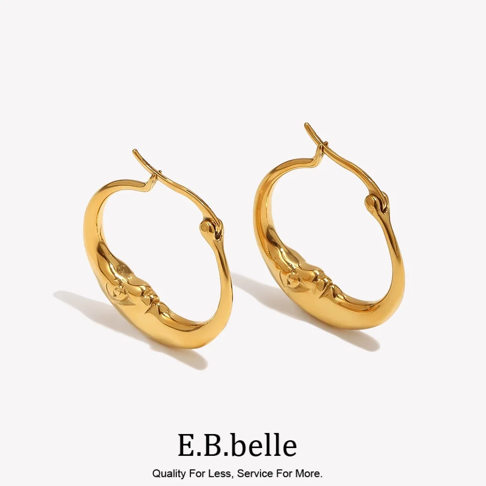 E.B.belle New Abstract Moon Hoop Earrings Gold/Silver Color Stainless Steel Round Hypoallergenic Women Chic Jewelry