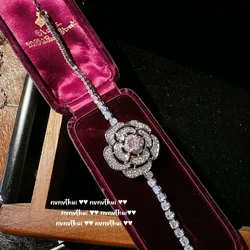 Sparkling Pink AAA Zircon Charms Tennis Bracelet 925 Silver Delicate Rose Flower Bracelets for Women 2023 Korea Fashion Jewelry