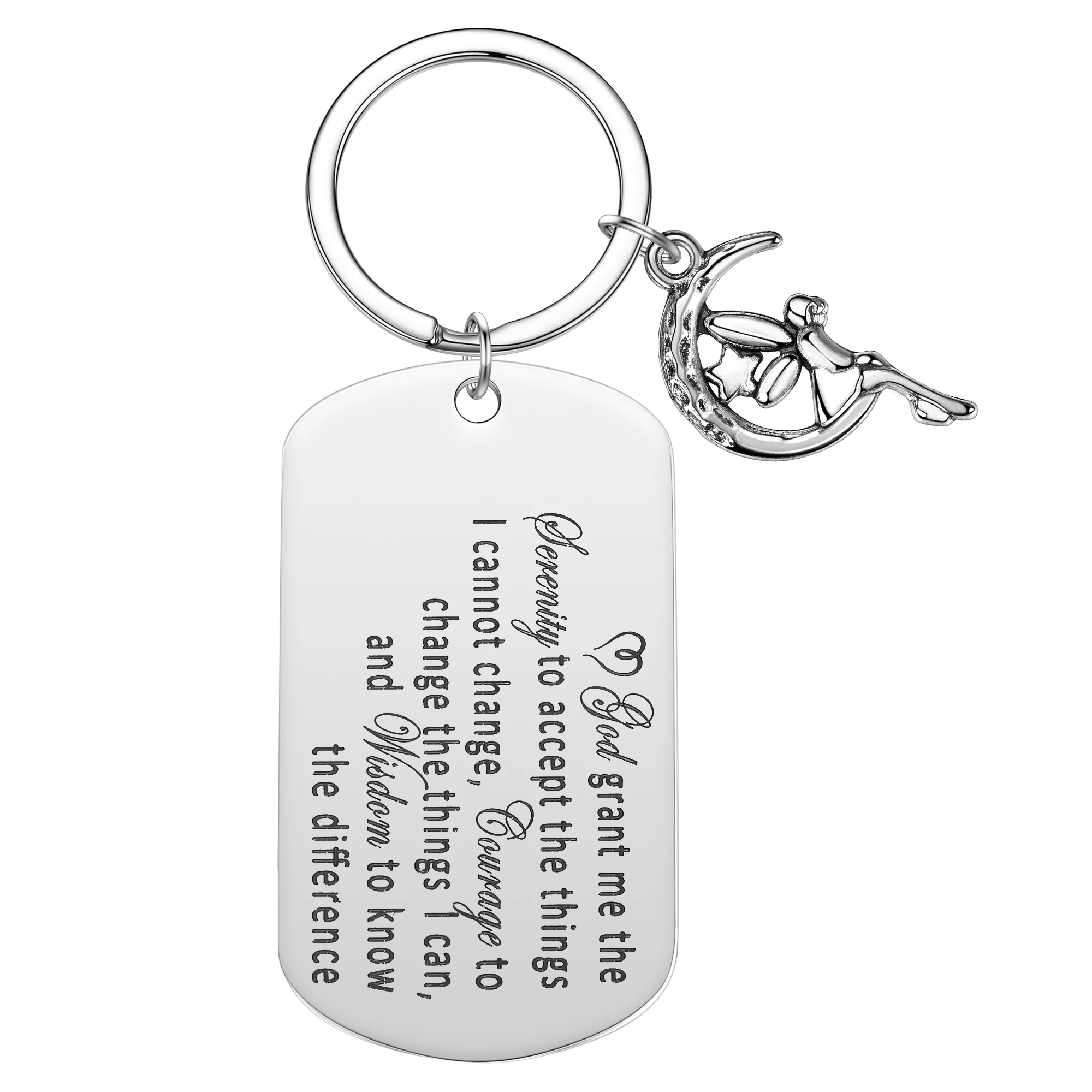 God Grant Me The Serenity Bible Verse Prayer Keychain Stainless Steel Angel Of The Moon Keyring Inspirational Gift Key Chains