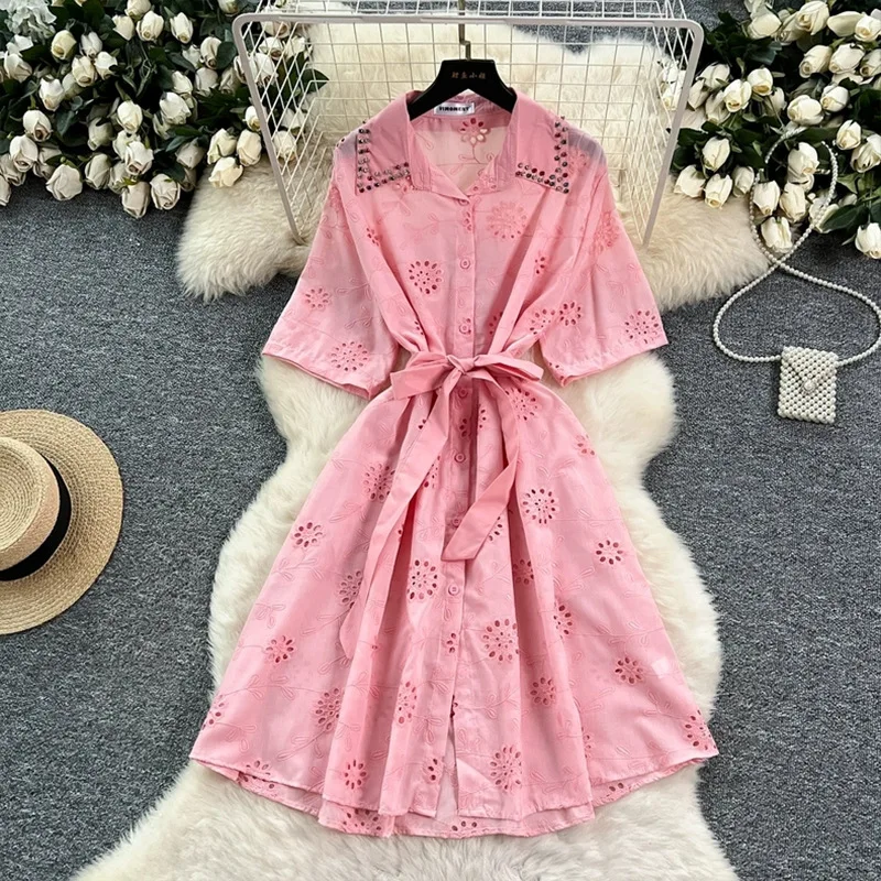 

French Style Fashionable Heavy Embroidery Rhinestone Polo Collar Short Sleeve For Women Summer Tie Waist Hollow Out Embroidered