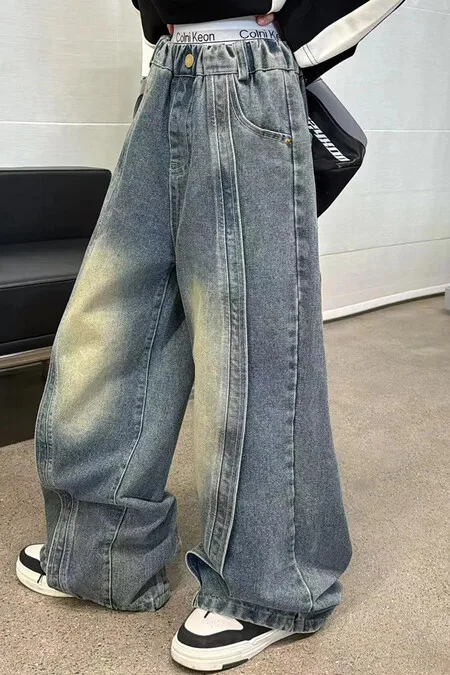 Teenage Girls Pants Fashion Spliced Design Floor Jeans Trousers Kids Wide-leg Denim Pants for 5 7 9 11 13 Years Children Bottoms