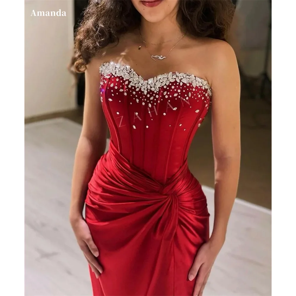 

Amanda Customized Red Sweetheart Neck Rhinestones Prom Dress Mermaid Sleeveless vestidos de noche Side High Split Formal Evening