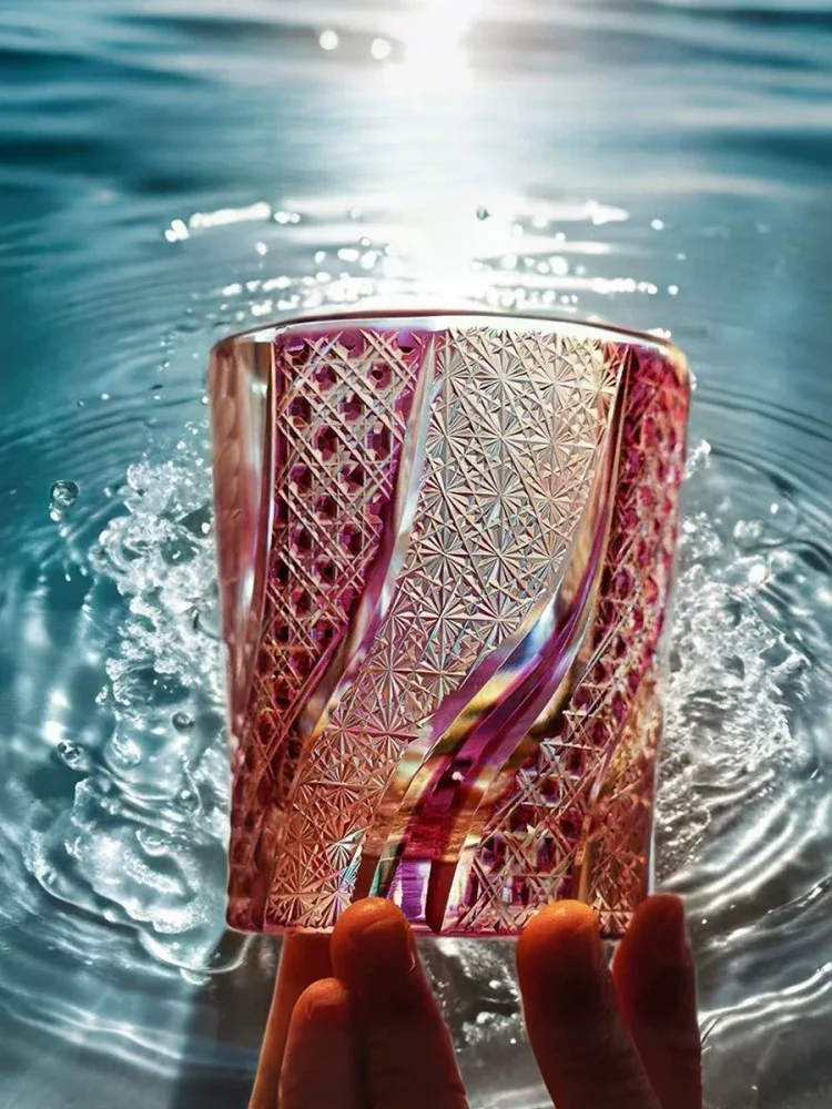 Pink Edo Kiriko Whiskey Glass Handmade Goldfish Pattern Artistic Drinkware Wineglass Vaso Whisky Grabado Vidrio Gifts For Wife