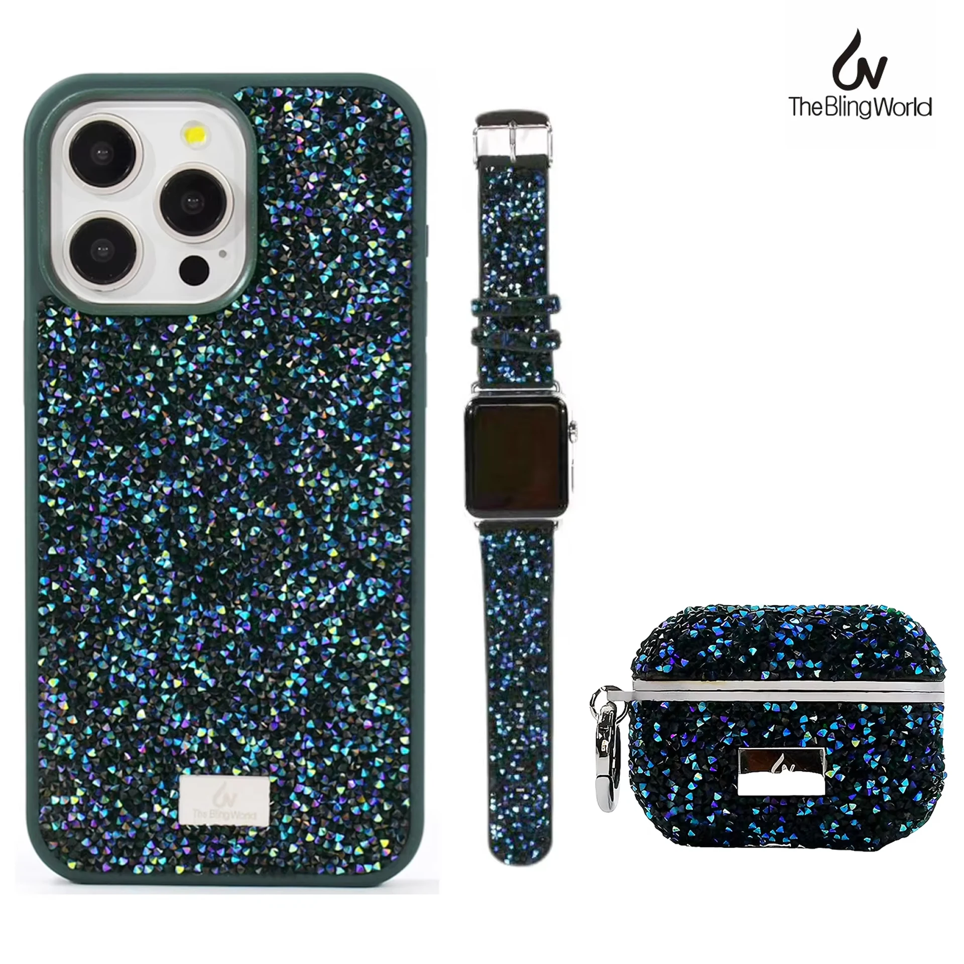 Luxury Silver Rhinestone For Apple Iphone 16 15 14 13 12 11 Phone Case Airpods Case Apple Watch SE 6 7 8 9 Strap The Bling World