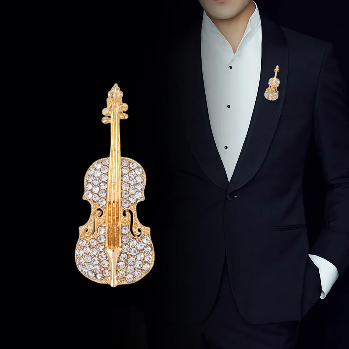 Exquisite Shiny Zircon Crystal Music Guitar Brooch for Men and Women Hip-hop Trend Jewelry Fashion Dress Brooch