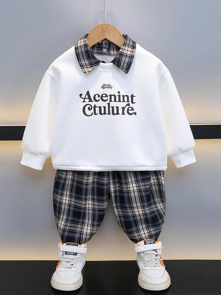 Spring Children Outfit Boy Clothes Set Kid False two pieces Sweatshirt and Plaid Pants 2pcs Suit Teenage Tracksuits 2-11Year