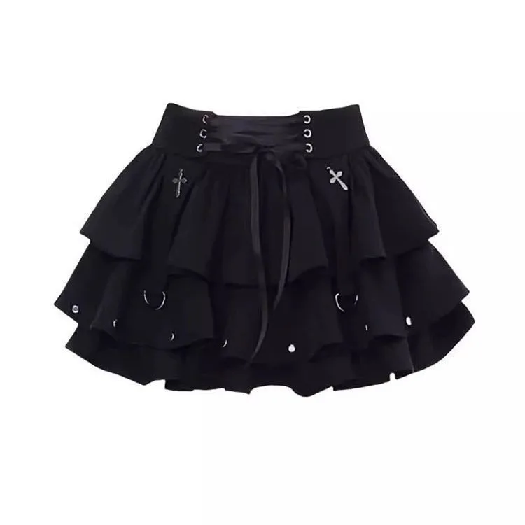 Women's Summer Y2k Skirt Black High Waist Pleated Tiered Mini Skirt Ruffle A Line with Metal Ring Detail Gothic Punk Style