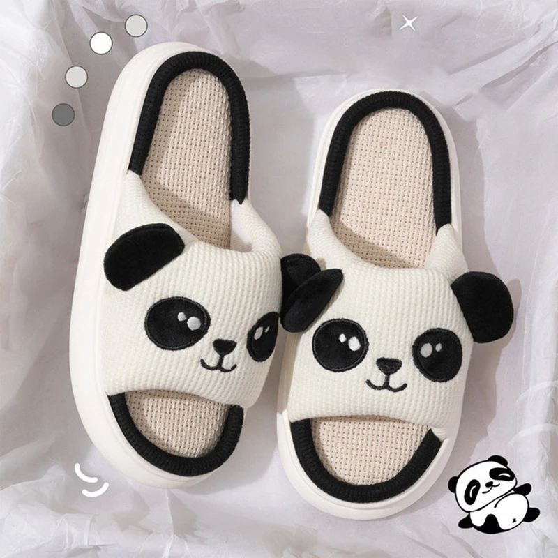 

Cute Animal Panda Slippers For Women Girls Kawaii Indoor Linen Slippers Woman Cartoon Milk Cow Cat House Slipper Funny Shoes