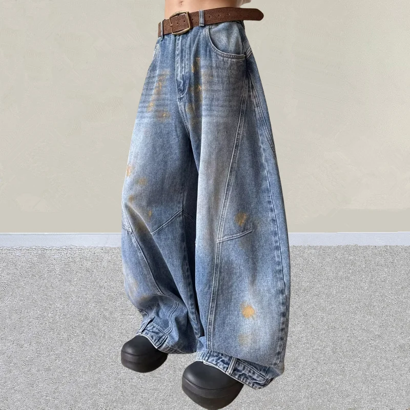 2025 Japanese Y2K Fashion Painted Washed Blue Baggy Jeans Pants For Men Clothing Vintage Wide Leg Denim Trousers Pantalon Homme