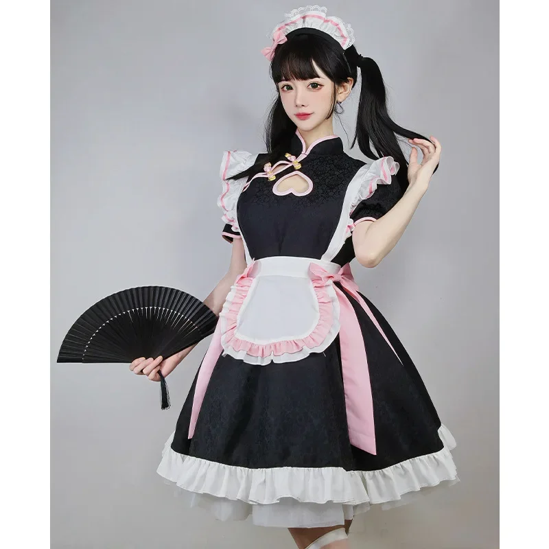 Anime lolita vestido de empregada chinesa cheongsam vestido rosa kawaii empregada cosplay traje festa palco garçonete role play uniforme gato