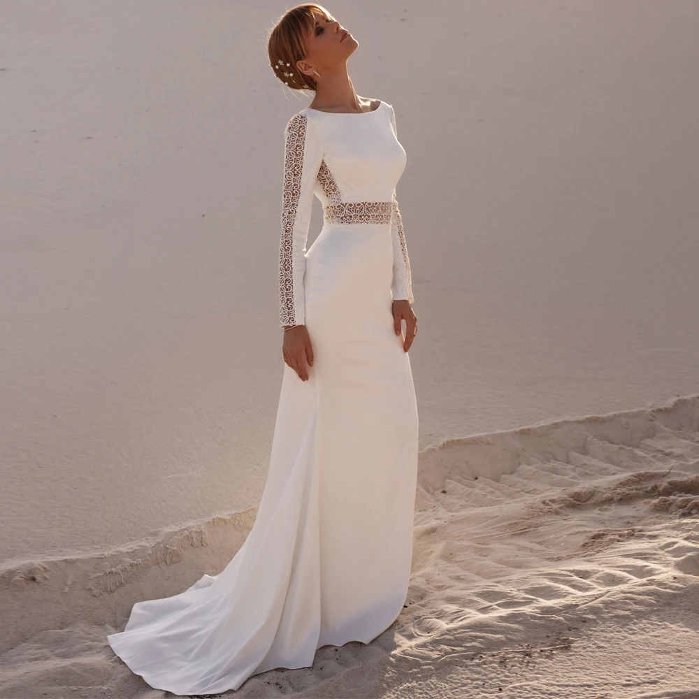 

Sexy Wedding Dresses Jersey Lace Pleat Bateau Full Sleeve Backless A-Line Bridal Gowns Novia Do 2022