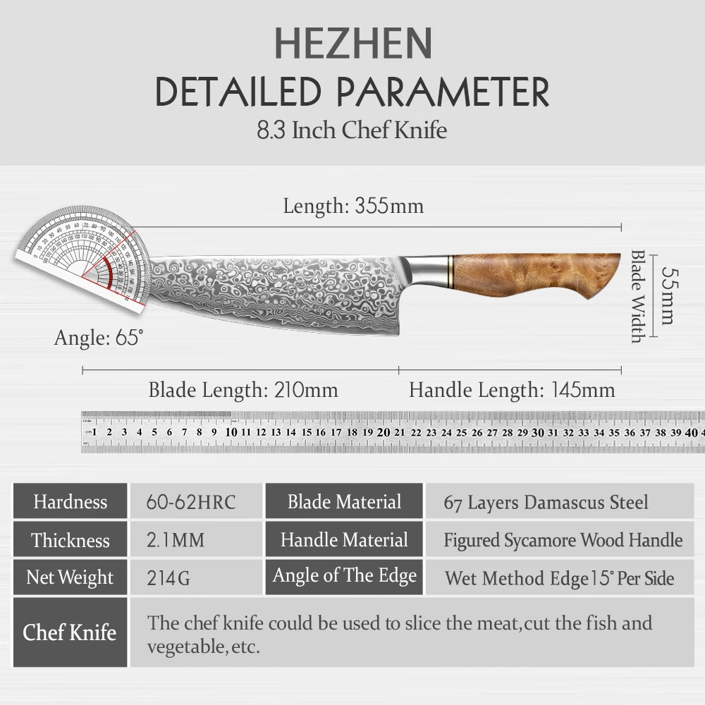 HEZHEN 8.3 Chef Knife 67 Layers Damascus Steel 65° angle Cook Tools Core Blade Kitchen Knife Accessories