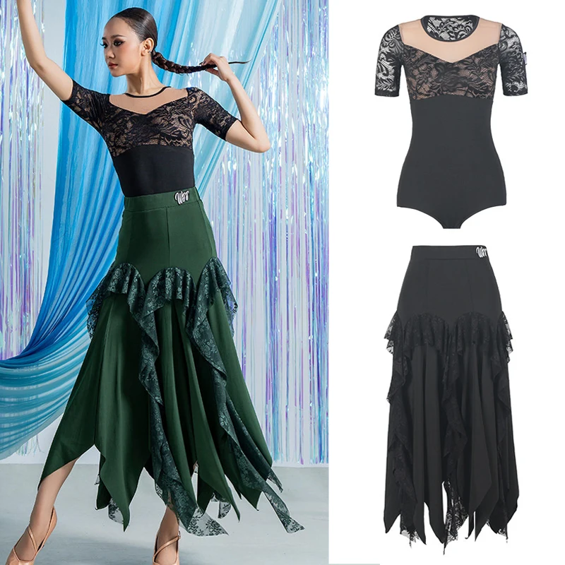 

Adults Ballroom Dance Training Suit Short Sleeves Latin Top Modern Dance Skirts Women Waltz Latin Dance Competition WearS 15787
