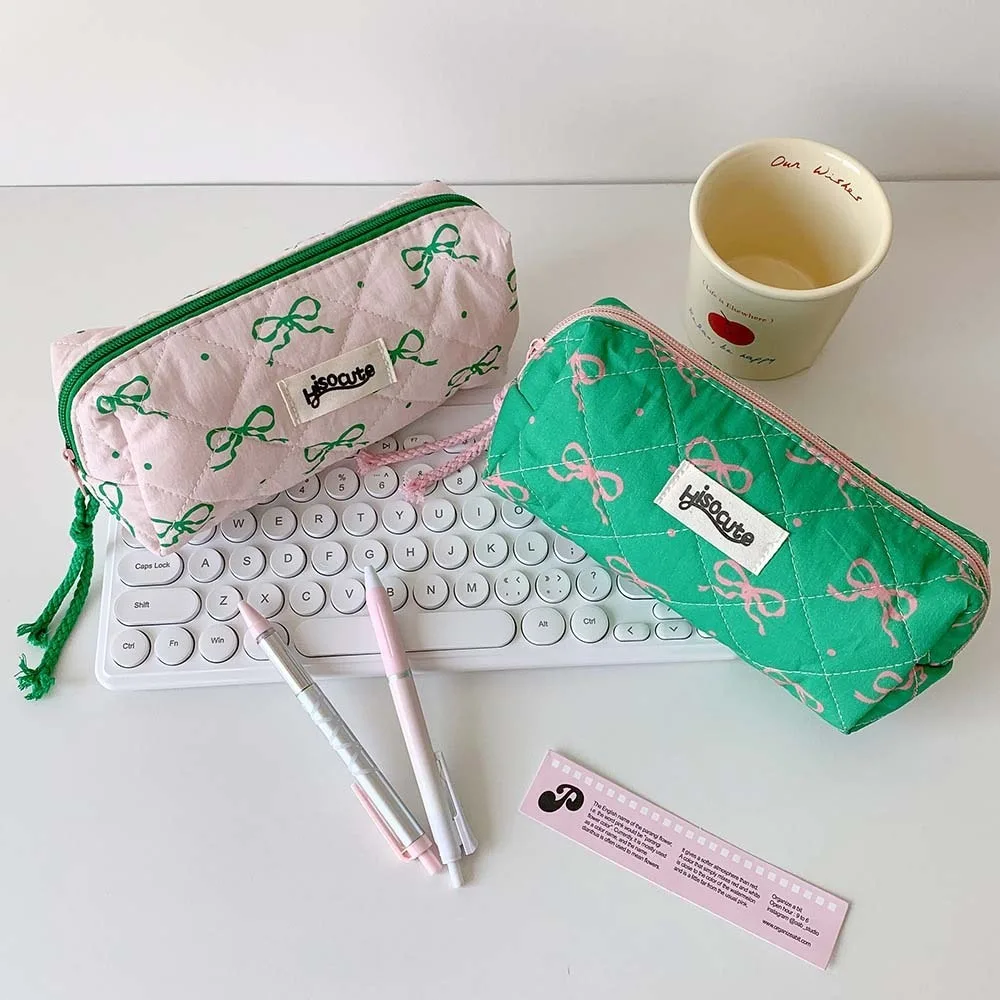 Bowknot Bow Stationery Bag Pink/Green Desktop Storage Korean Style Pencil Case Large Capacity Ins Style Bow Pencil Pouch Office