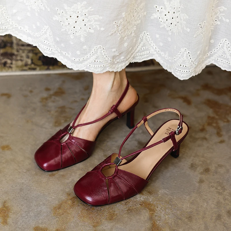 2026 summer women sandals natural leather plus size 22-25cm sheepskin+cowhide+pigskin hollow back-buckle high heel women shoes