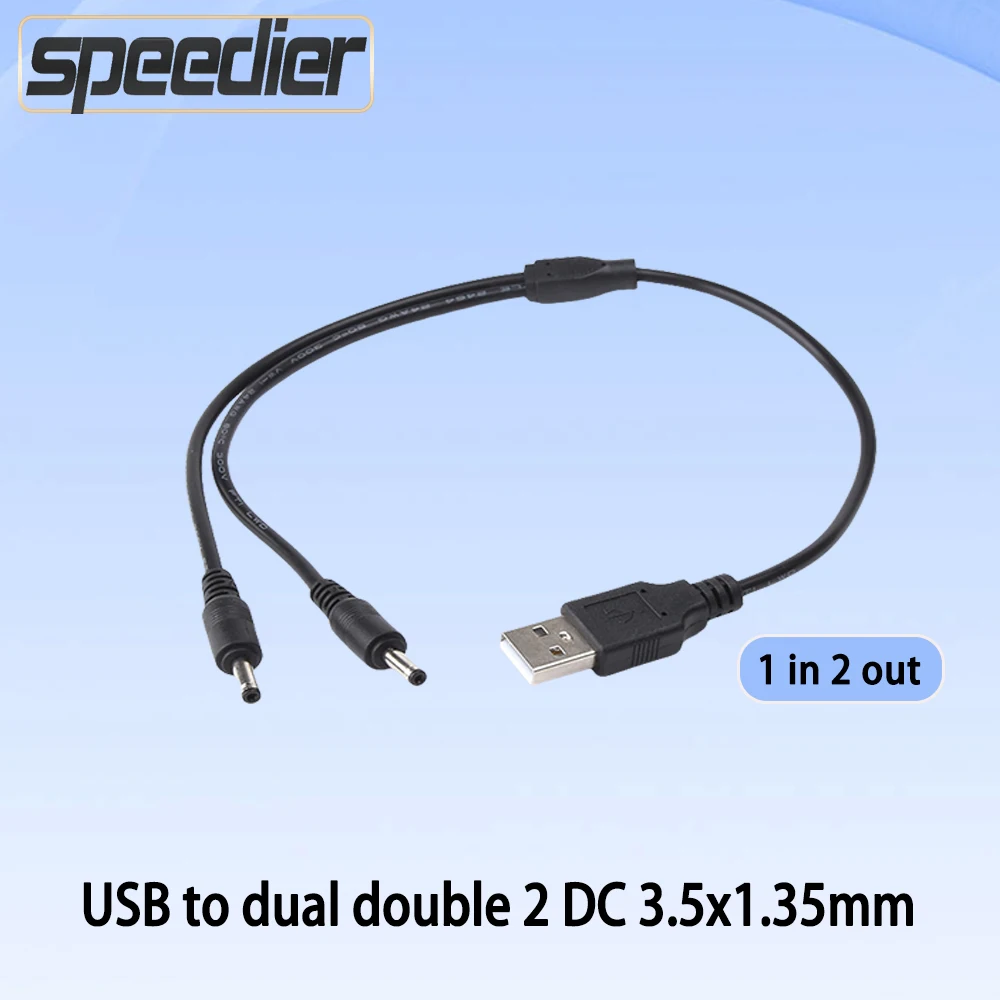 

Black 1 in 2 out DC power plug USB A to dual double 2 DC 3.5 mm x 1.35 mm 3.5x1.35mm Barrel Jack male charging Power Cable 1m 2A