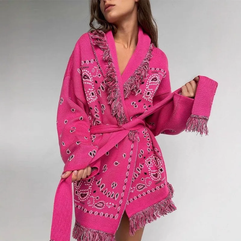 

Shpmishal American Fashion 2025 Autumn and Winter New Print Tassel Shawl Cardigan Sweater Women's Coat Casual Top