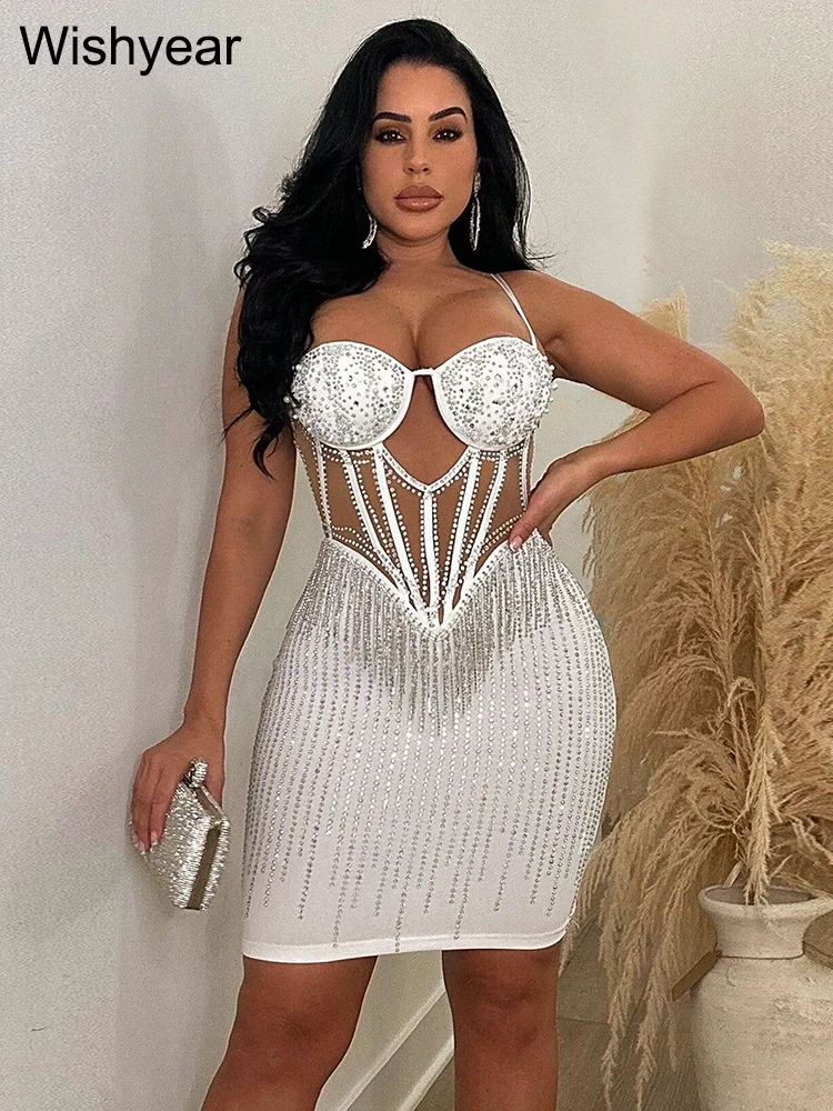 Wishyear Sexy Night Club Mesh Black Bodycon Cocktail Birthday Mini Dresses Women Diamonds Rhinestone Party Prom Vestidos Luxury