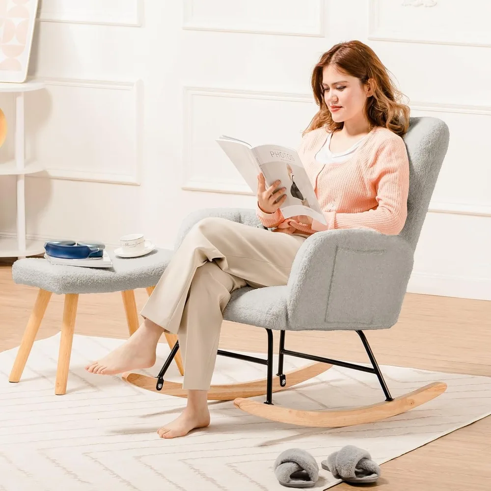 Nursery Rocking Chair with Footstool, Teddy Glider Rocking Chair with High Back Reading Chair for Bedroom, Living Room