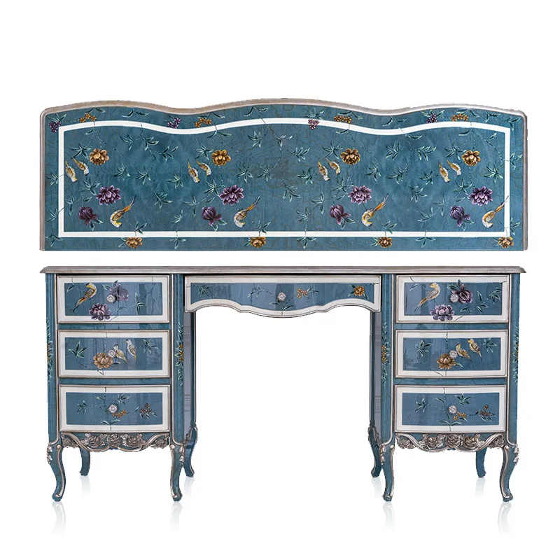 French court mahogany art painted flower blue bedroom dresser writing desk furniture