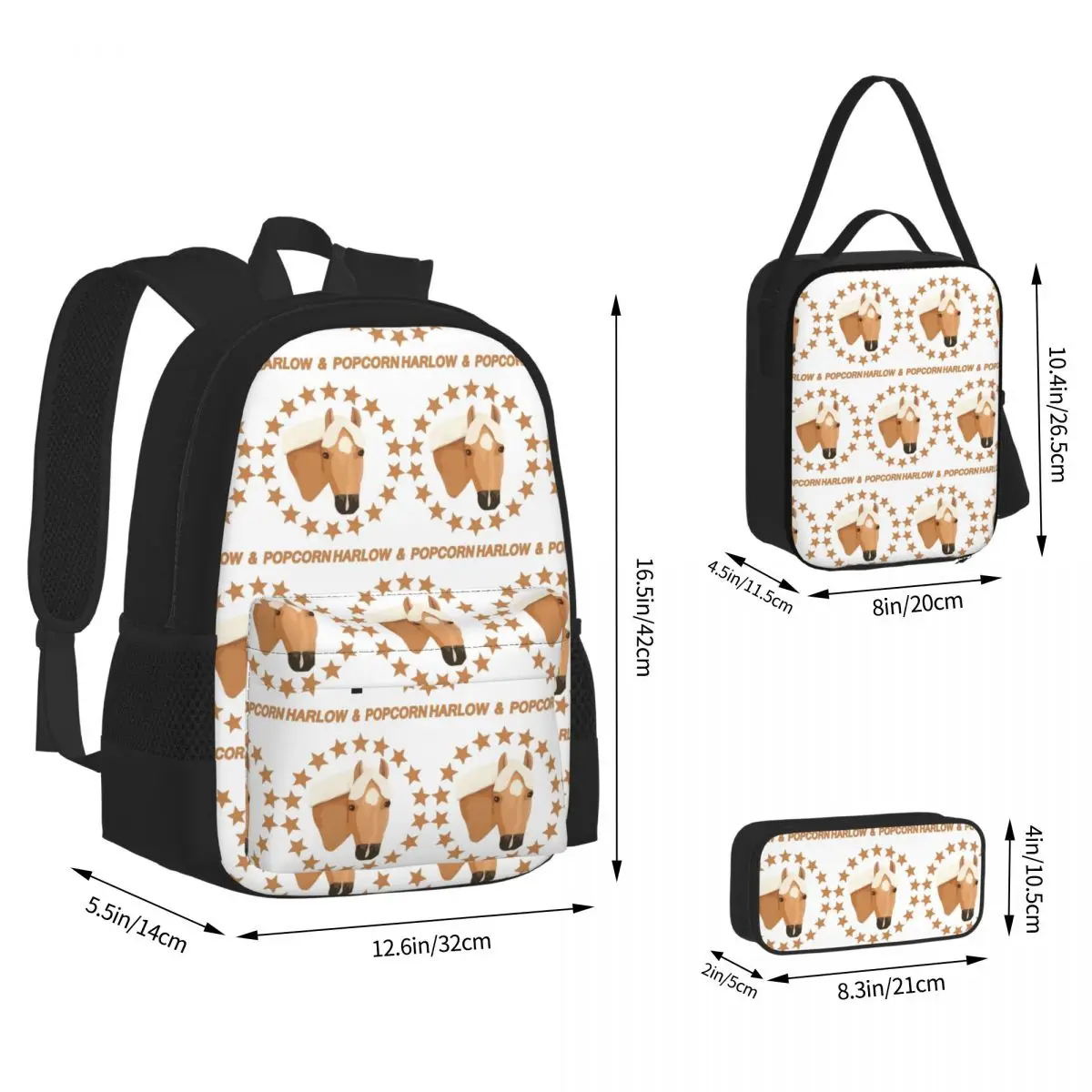 Harlow And Popcorn Merch Popcorn The Pony 1 Backpacks Boys Girls Bookbag School Bags Rucksack Lunch Bag Pen Bag Three-Piece Set