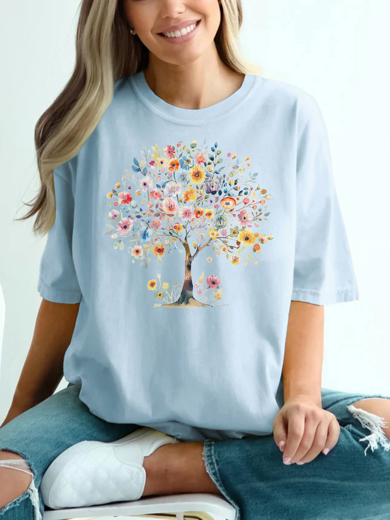 Kaus Ukuran Besar Wanita Atasan Lengan Pendek Leher Bulat Lembut Kasual Wanita Print Pola Pohon Warna-warni Fashion Desain Asli
