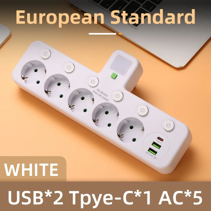 EU-Stecker 8-in-1 mit 5 AC-Steckdosen, 2 USB-Anschlüssen, 1 Typ-C-Port und 3-in-1 Steckdosenleiste mit Schalter und Nachtlicht, Europäischer Standard Kabellose Steckdose