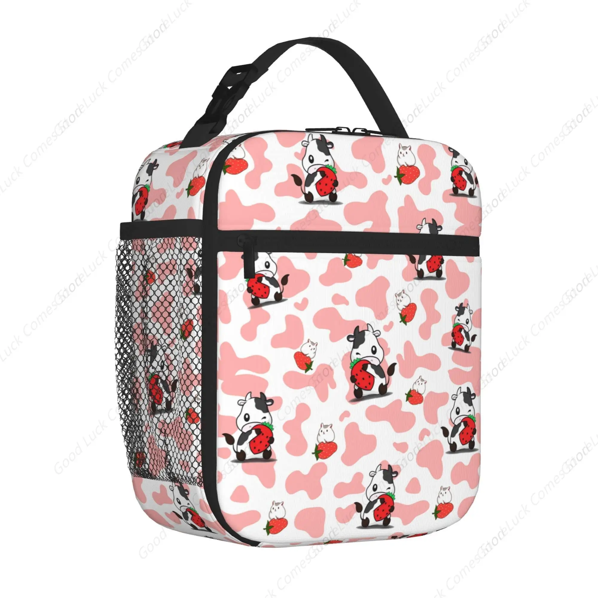 Cows Lunch Bag,Strawberry Reusable Insulated Lunch Box Large Capacity Meal Tote for Kids Women Men Cooler Bag