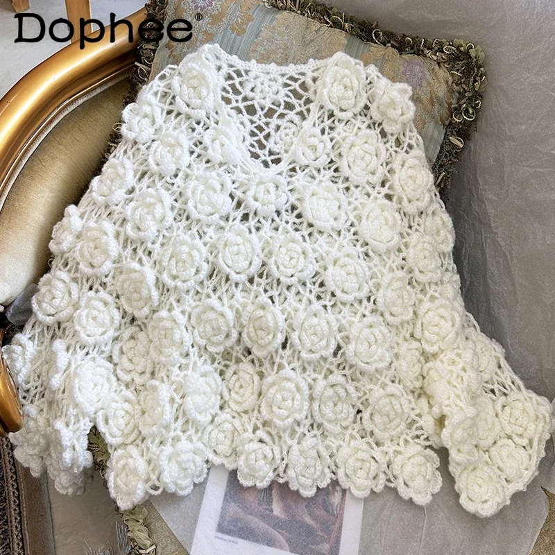 

2024 Autumn and Winter New 3d Flower Hollow Loose Sweater Out Wear V-neck Pullover Long Sleeve Handmade Knitted Sweater Women