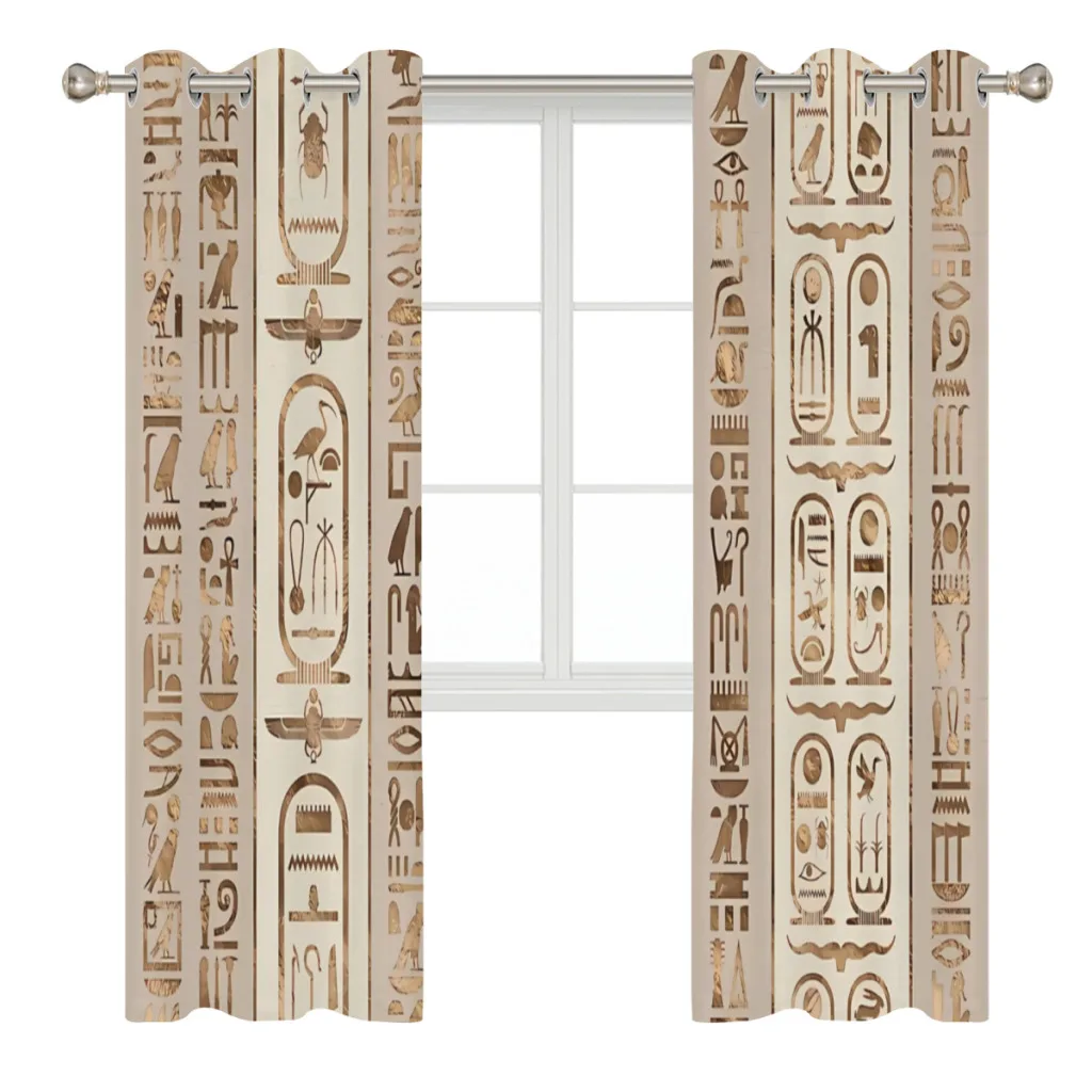 Egyptian hieroglyphs Pastel Gold Shading Curtains for Living Room Decoration Window Curtain 2 PC