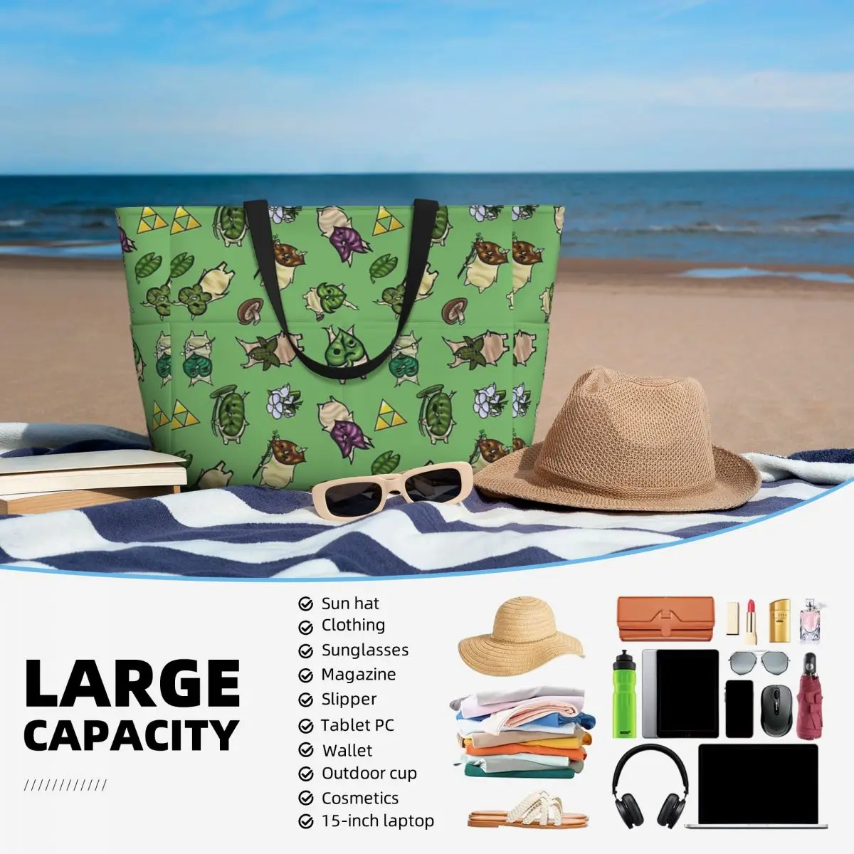 Borsa da viaggio da spiaggia con motivo ripetuto Korok, borsa a tracolla giornaliera per adulti personalizzabile con motivo Multi-stile