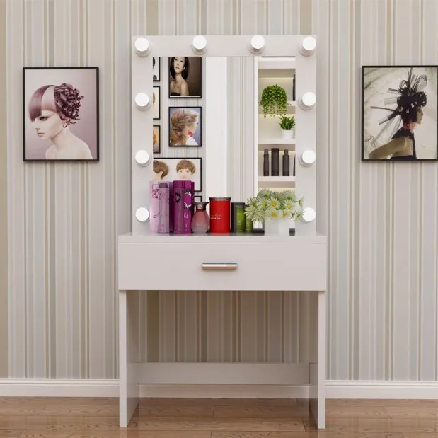 #Bedroom Makeup Luxury Modern White Dressing Vanity Table Set With Led Mirror, Dressing Vanity Desk Table for Makeup Bedroom