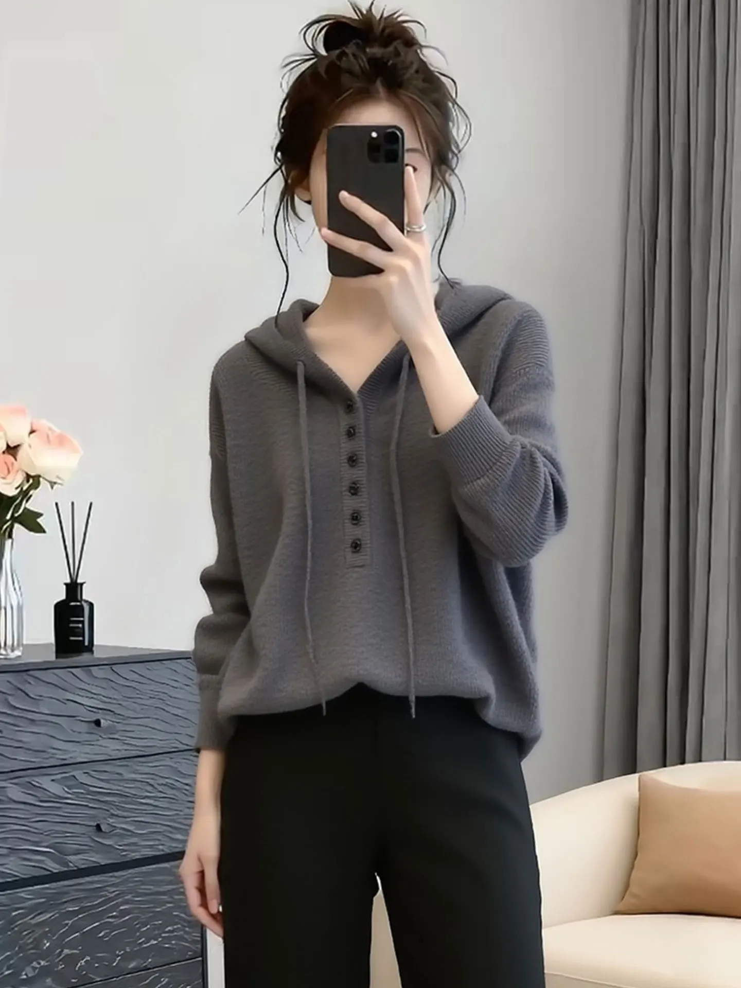 

Comfortable Pure Color Hooded Long Sve Knitted Sweater Women's Spring Faion Lazy Sle Top European High-End Brand