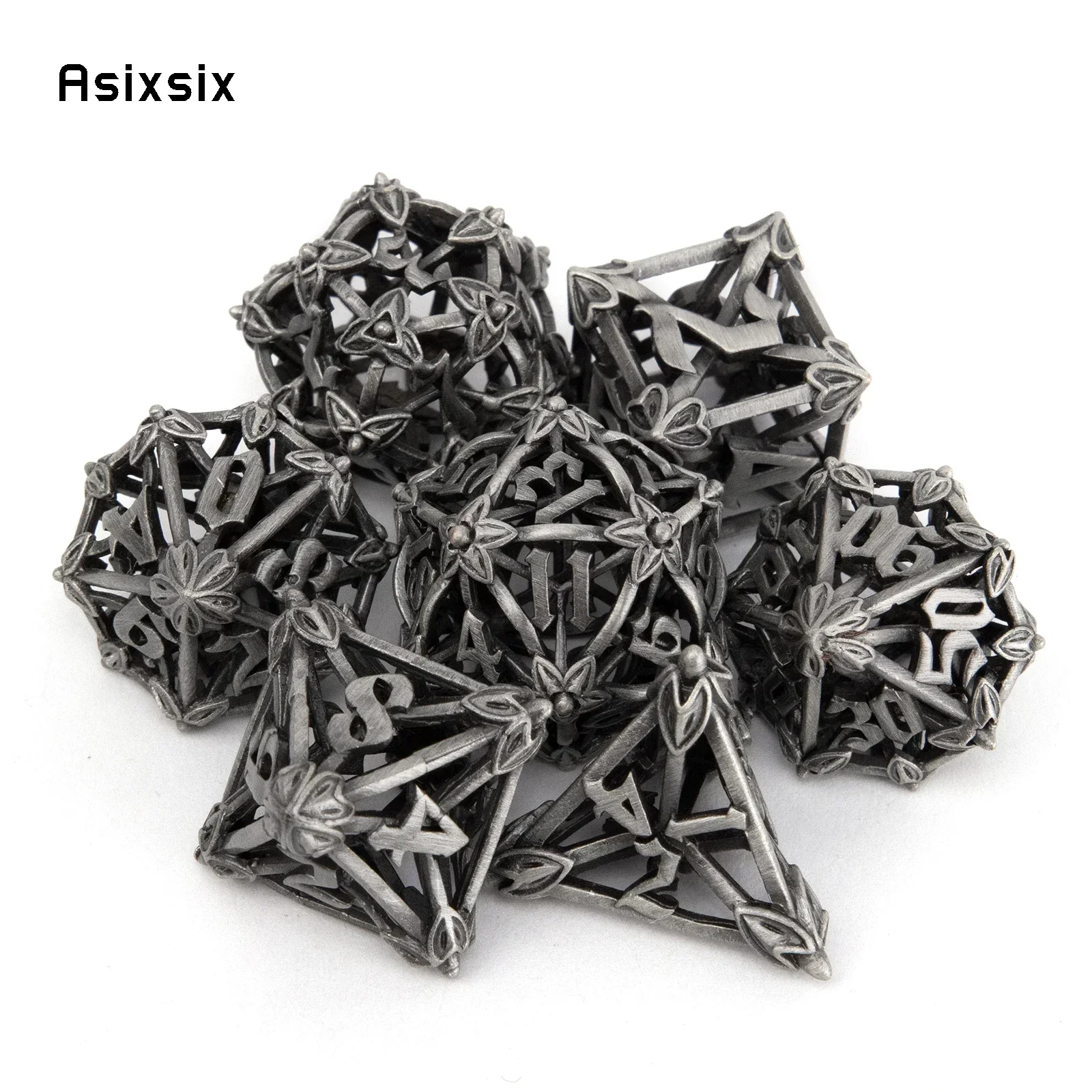 

7 Pcs Silver Leaf Flower Metal Dice Hollow Metal Polyhedral Dice Set Suitable for Role-Playing RPG Board Party Dice Prop Gift