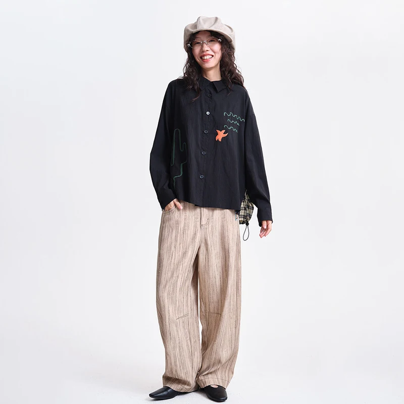 MOVEUP Long Sleeved Shirt 2026 Spring New Cartoon Embroidered Contrast Color Plaid Drawstring Hemp Casual Top Women 3ELC20408
