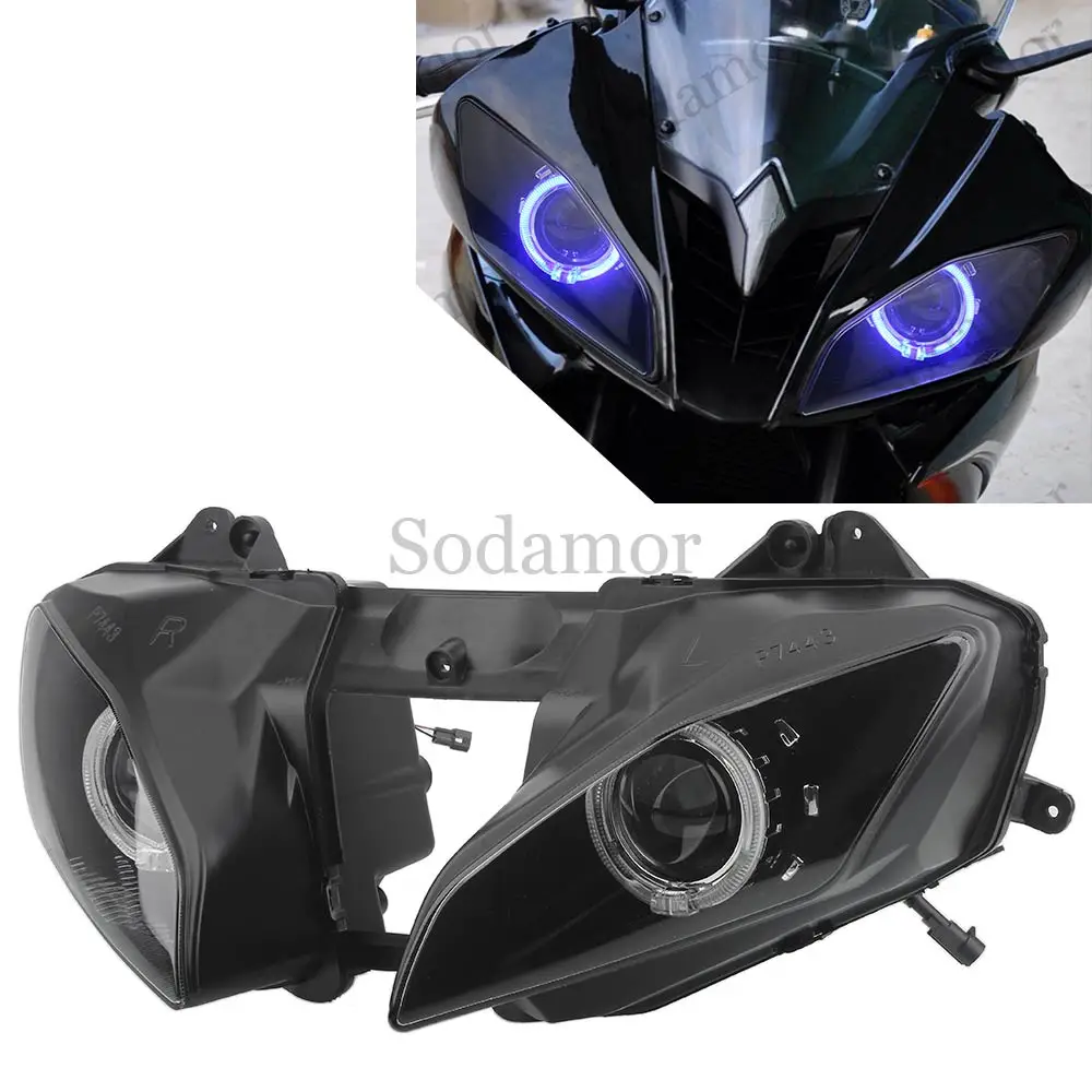 

Для Yamaha YZF R6 2008-16 часть мотоцикла, изготовленная на заказ фара в сборе, проектор, светодиодные фонари дальнего/ближнего света, синие ангельские глазки, фары