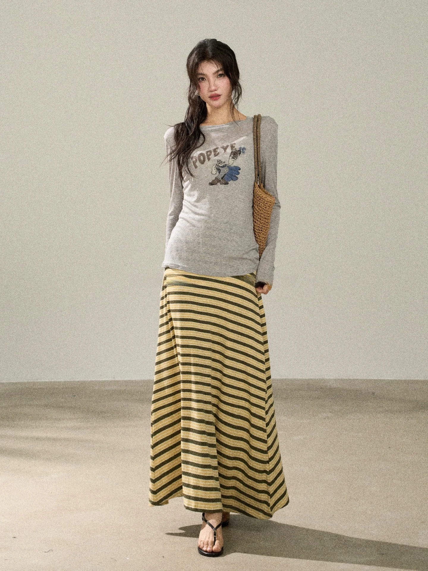 

Длинная юбка прямого кроя в полоску с высокой талией, женская юбка средней длины в праздничном стиле, корейская мода, эффект похудения