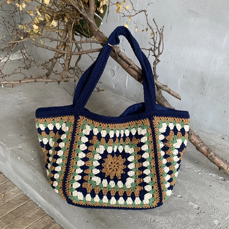

Boho Ethnic Style Women's Contrast Color Crochet Shoulder Bag Large Capacity Hollow Out Knitted Weave Tote Bag Beach Bag Daily