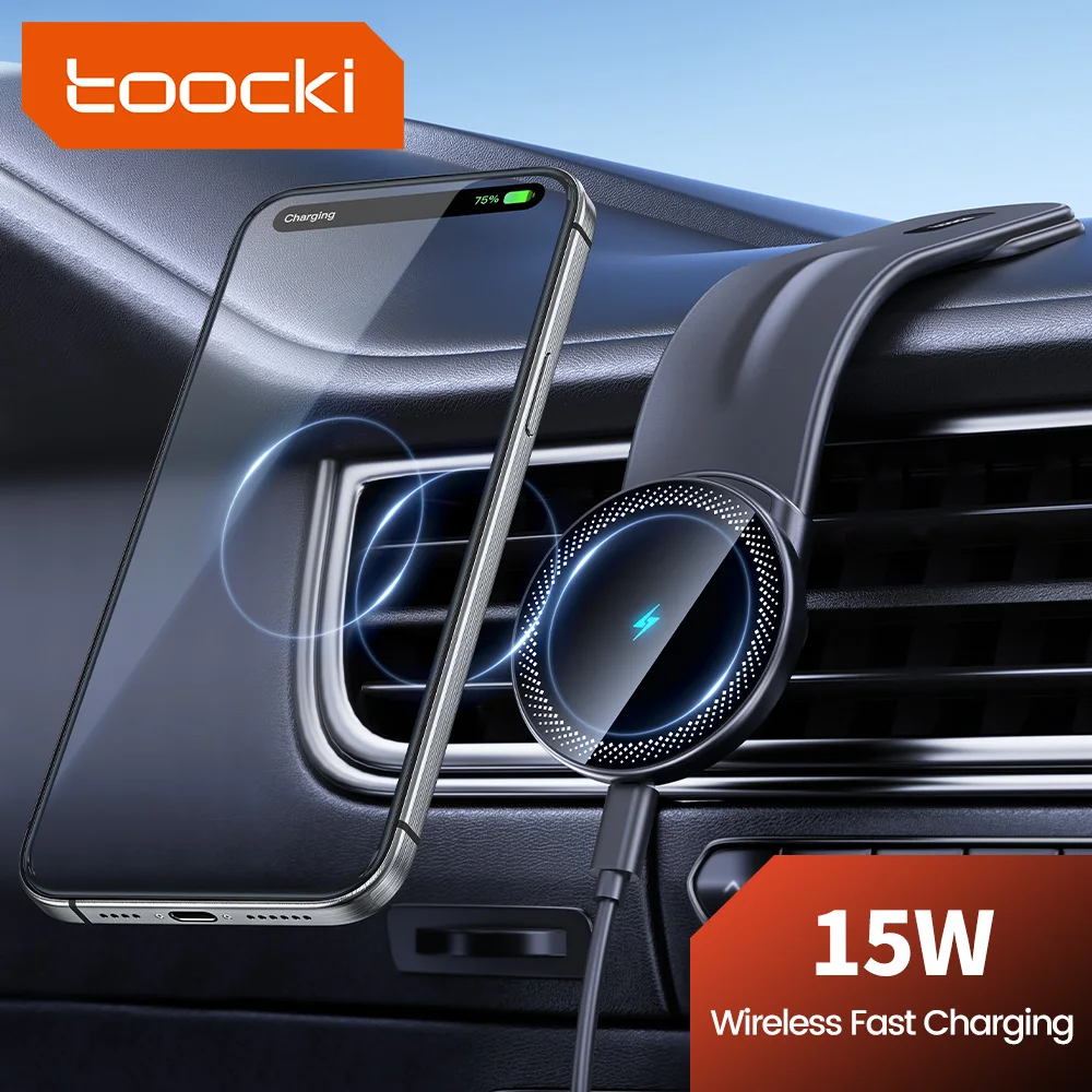 Toocki 15W Wireless Car Charger Bendable Magnetic Car Phone Holder for Macsafe for iPhone 15 14 13 Pro Max Phone Holder in Car