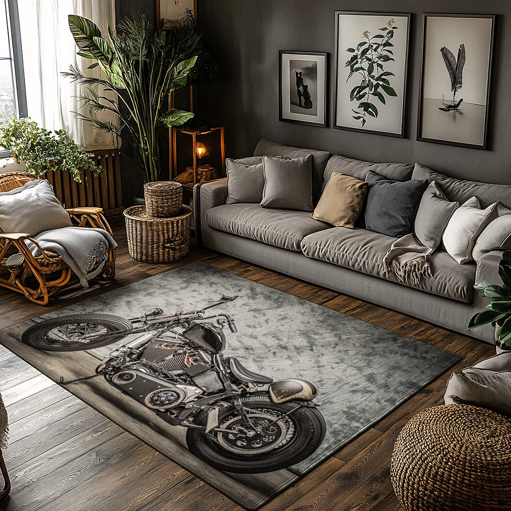 

Motorcycle Enthusiast Rug, Black Gray Themed Carpet for Living Room, Soft Non-Slip Sofa Mat with Biker Decor, Cozy Home Accent