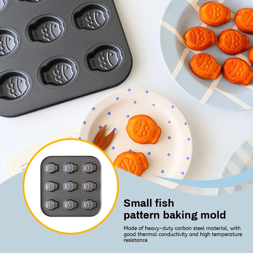 Mini moule à gâteau en acier inoxydable, moule à madeleine, moule à strass antiadhésif, moule à pâtisserie en forme de poisson, moule à strass en métal, 9 tasses