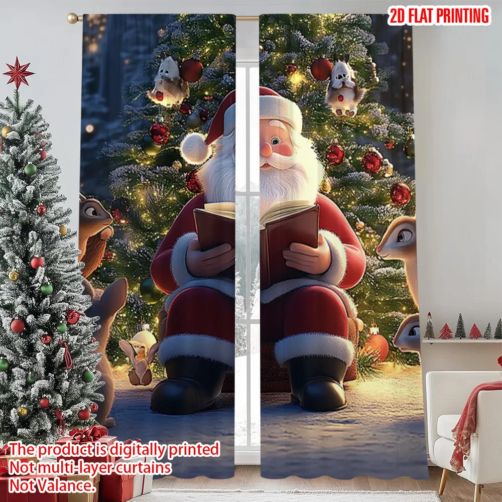 

2pcs 2D flat printing Christmas Scene Curtain winter wonderland 0 Machine Washable Fabric Without Electricity Family Party
